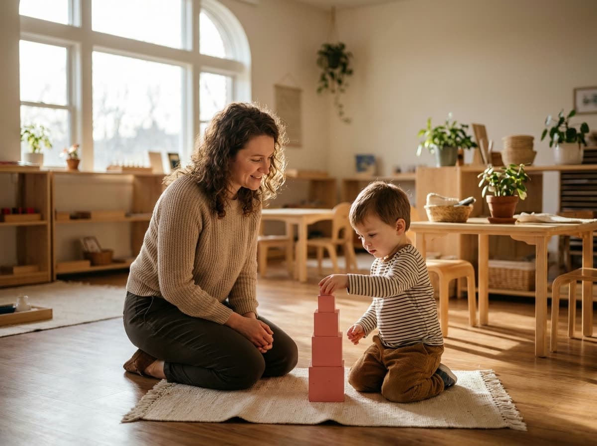 Guía Montessori acompañando a un niño en un ambiente preparado